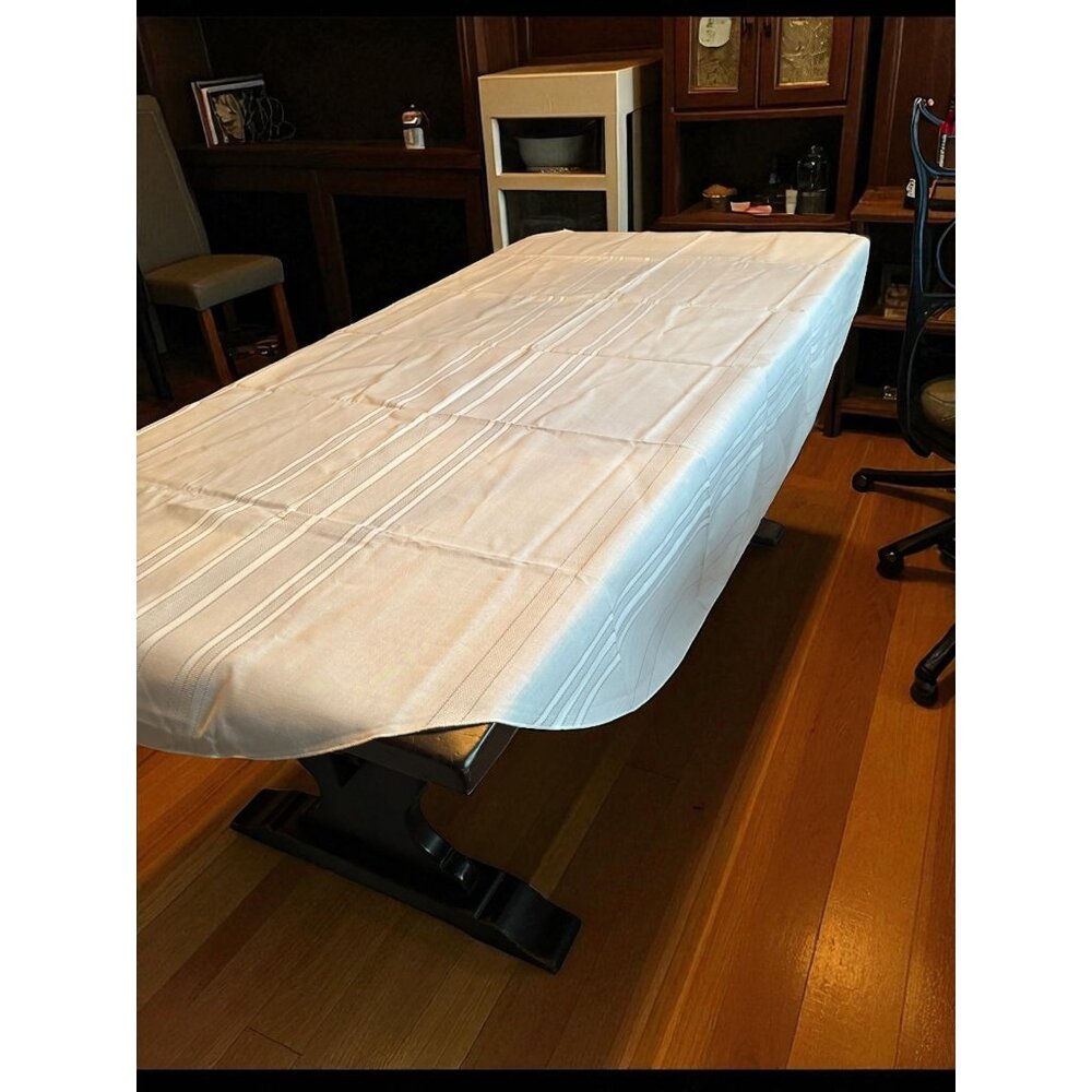 Vintage White Fabric Stripe Tablecloth 60x86 oval NWOP